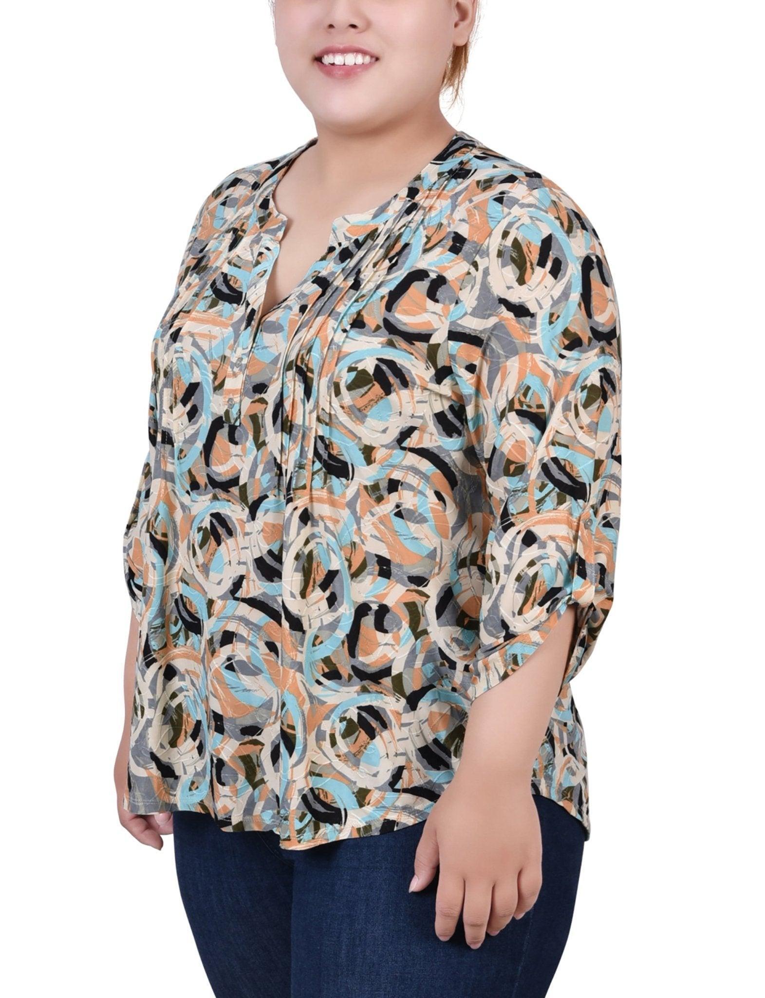 Autumn Blue Abstract 3/4 Roll Tap Pullover Top - Plus Product Image