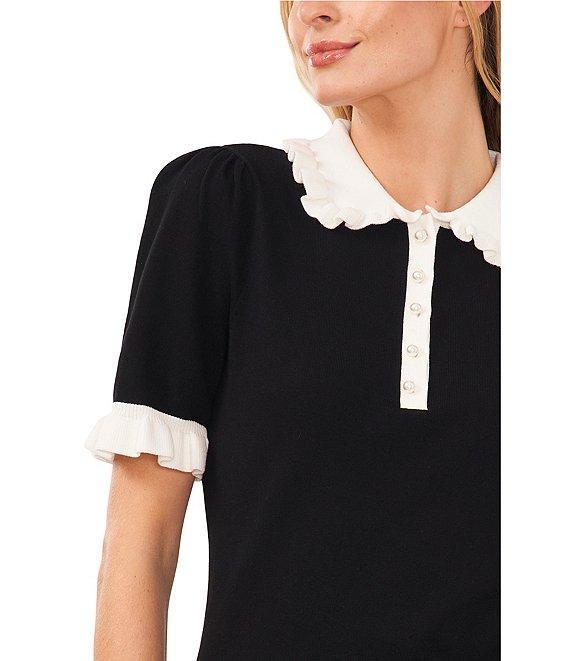 CeCe Knit Ruffle Collar Short Sleeve Partial Button Front Blouse Product Image