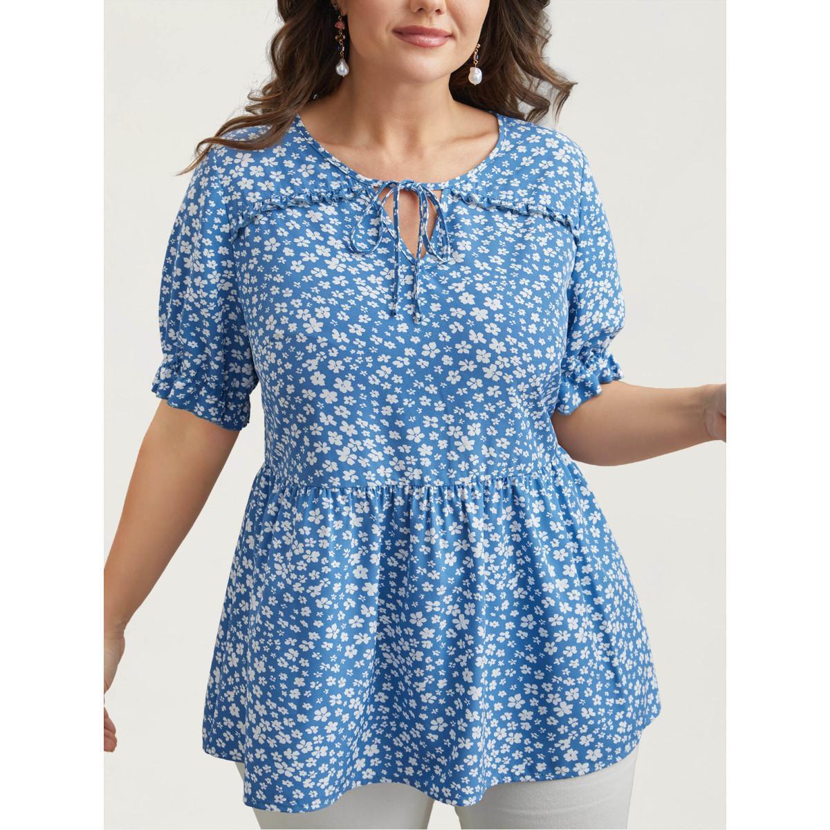 Plus Size LightBlue Floral Stretchy-Waist Ties Peplum Shirt Women Elegant Short sleeve Asymmetrical Neck Everyday Blouses BloomChic 22-24/3X Product Image