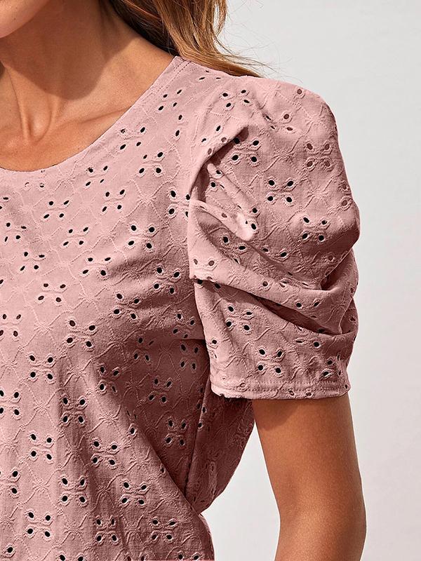 Loose Short Sleeves Hollow Pleated Solid Color Round-Neck T-Shirts Tops Product Image