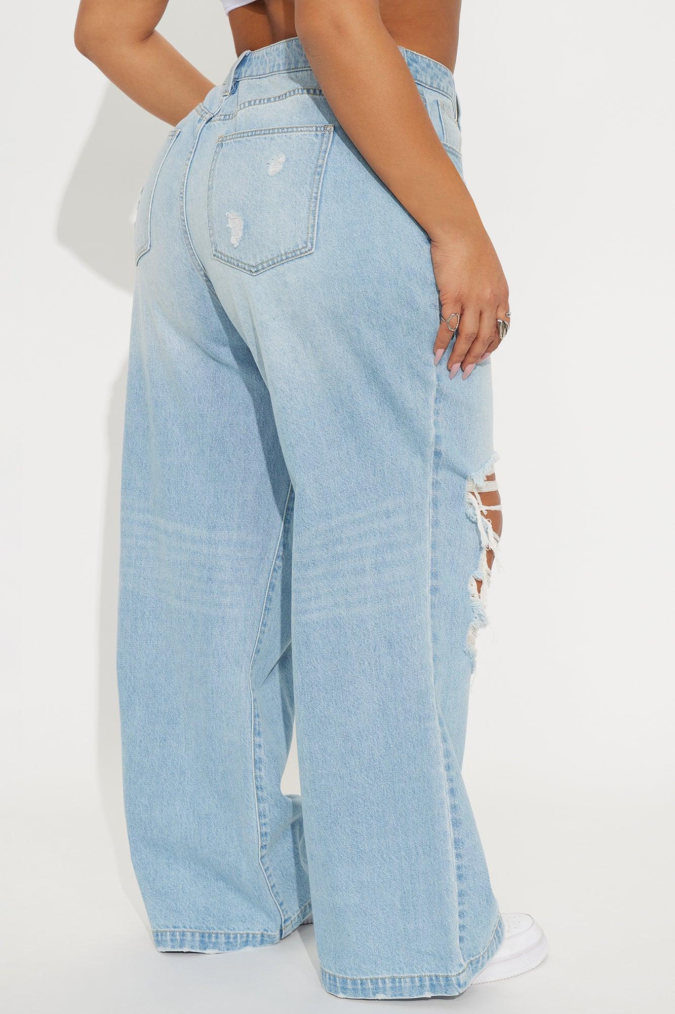 Not A Chance Ripped Non Stretch Wide Leg Jeans - Light Wash Product Image