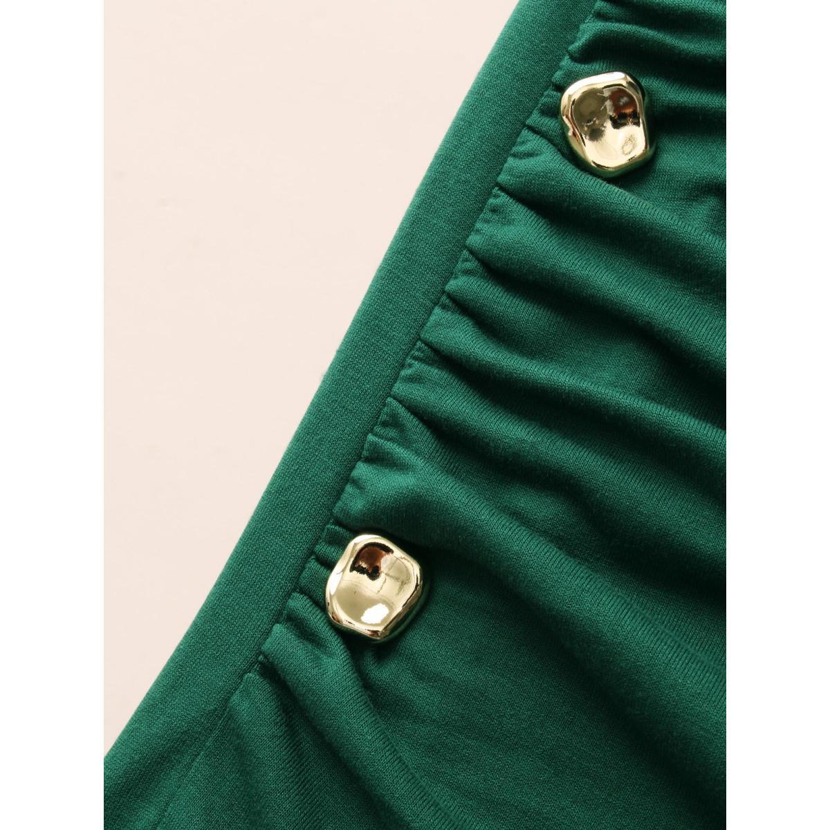 Plus Size Plain Button Detail Split Hem Dress DarkGreen Women Casual Gathered Round Neck Long Sleeve Curvy BloomChic 18-20/2X Product Image