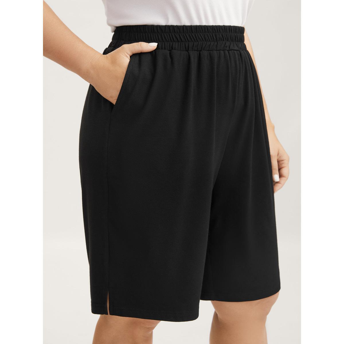 Plus Size Stretchy Slit Straight-Leg Shorts Women Black Casual Slit Straight Leg Everyday-Casual Shorts BloomChic 14-16/1X Product Image