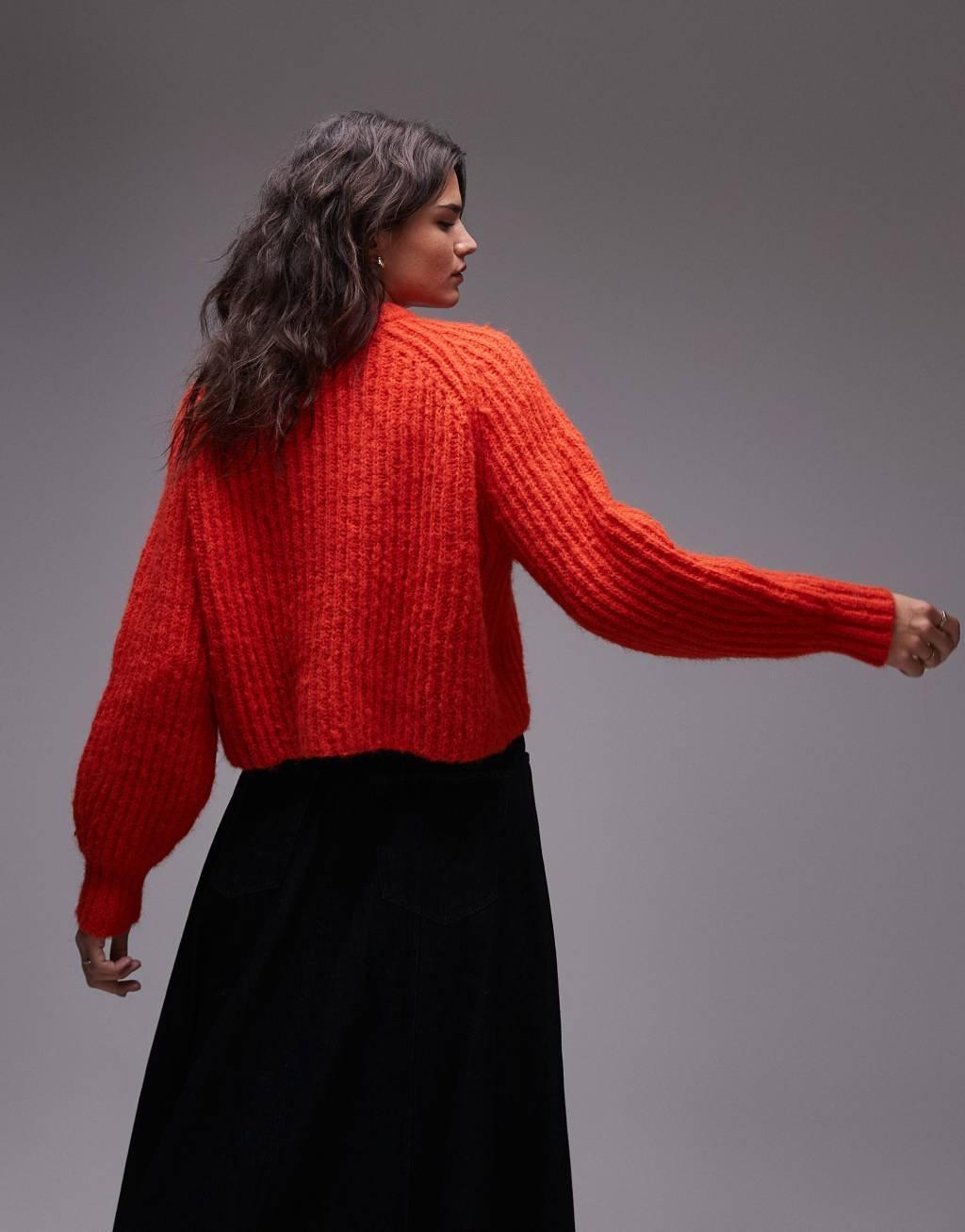 Topshop knitted chunky crew neck cardigan in red Product Image