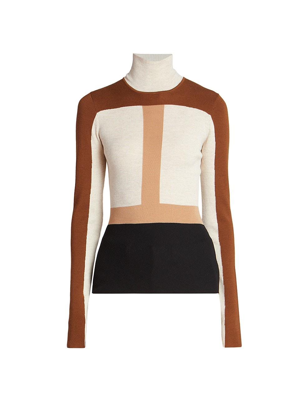 Womens Light Wool Intarsia Fitted Turtleneck Colorblock Sweater Product Image