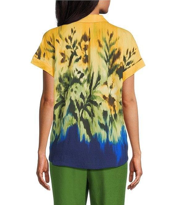 Investments Petite Size Woven Tropical Floral Short Sleeve Point Collar Partial Button Front Top Product Image