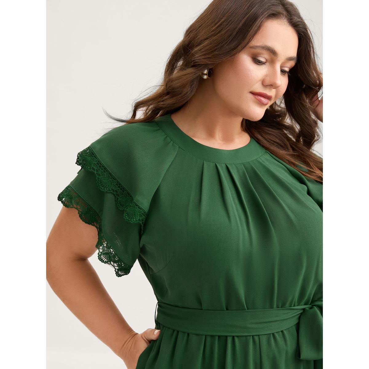 Plus Size DarkGreen Layered Lace Sleeve Belted Solid Jumpsuit Women Cap Sleeve Round Neck Everyday-Elegant Loose Jumpsuits BloomChic 10/M Product Image
