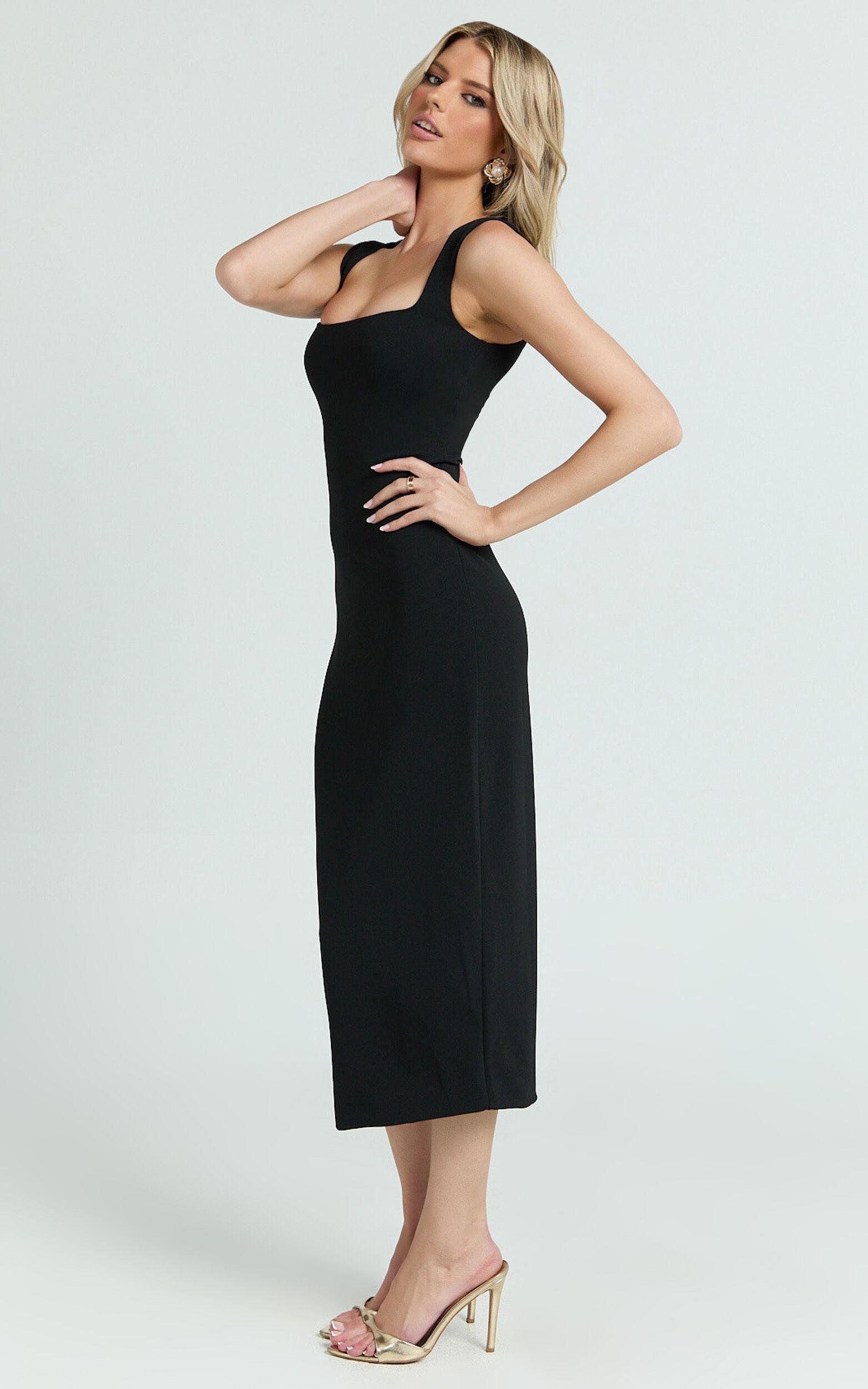 Stella Midi Dress - Square Neck Cap Sleeve Fitted Dress in Black Product Image