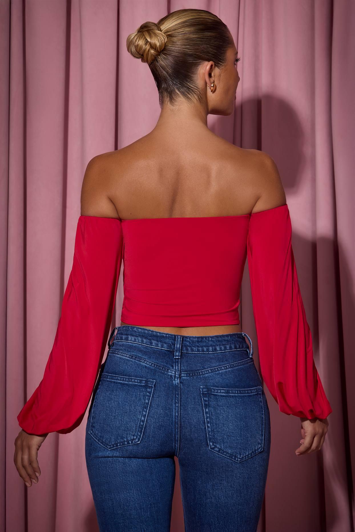 Off-Shoulder Draped Balloon-Sleeve Top in Red Product Image
