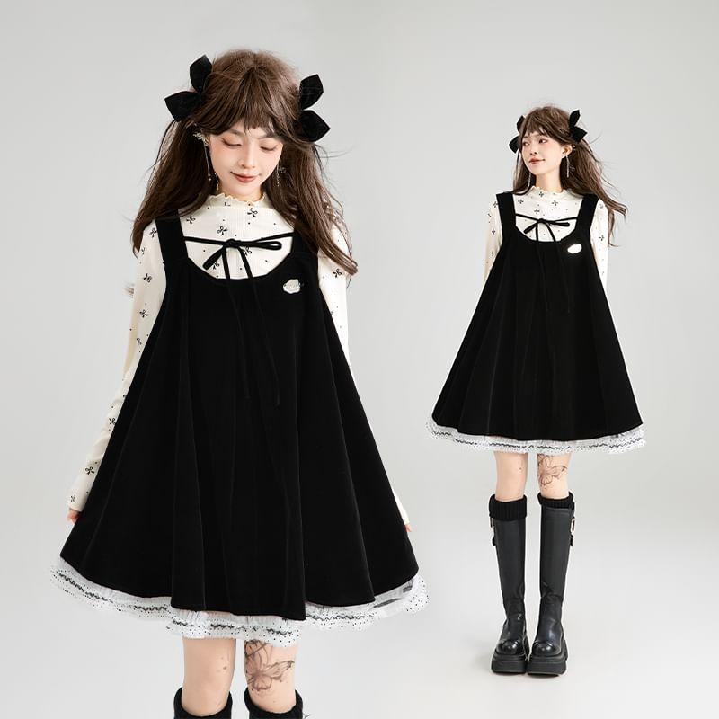 Long Sleeve Collared Dotted Shirt / Pleated Buckled Panel Velvet Mini A-Line Overall Dress Product Image