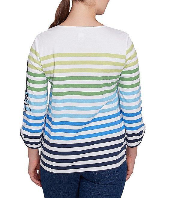 Ruby Rd. Mixed Color Stripe Soft Knit Floral Embroidered Detail Scoop Neck 3/4 Sleeve Top Product Image
