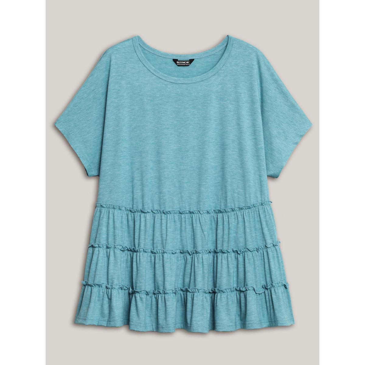 Plus Size Tiered Petal Trim Crew Neck T-Shirt Stone Women Casual Gathered Round Neck Everyday T-shirts BloomChic 22-24/3X Product Image