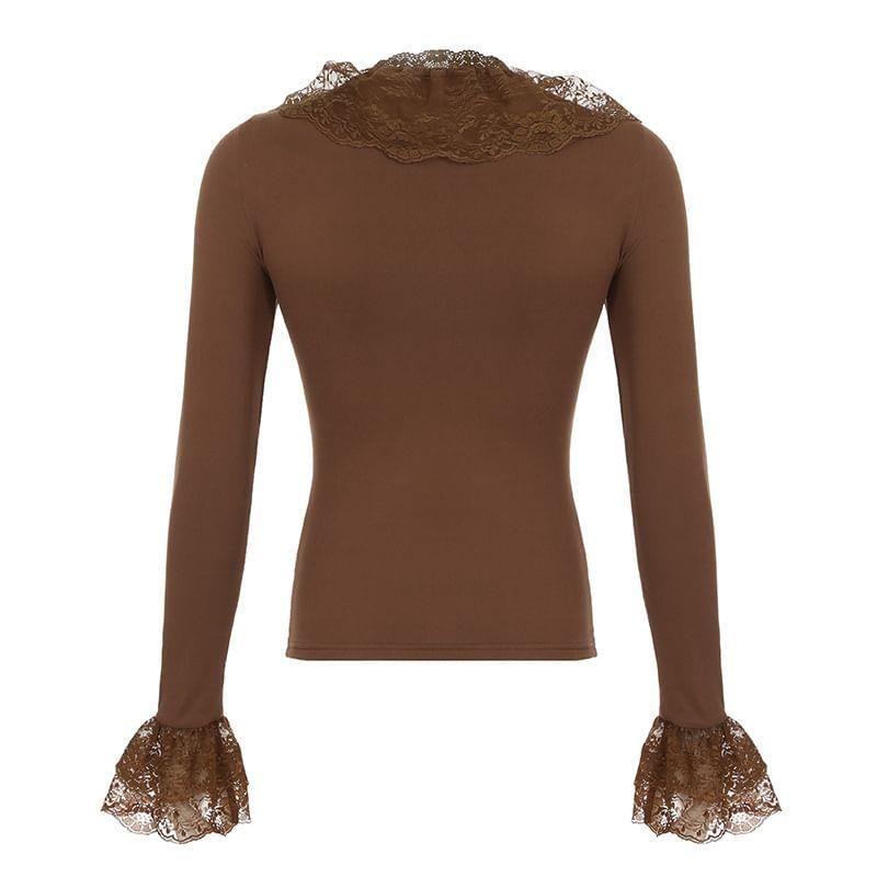 Bell Sleeve V-Neck Lace Panel Ruffled-Trim Slim-Fit Top Product Image