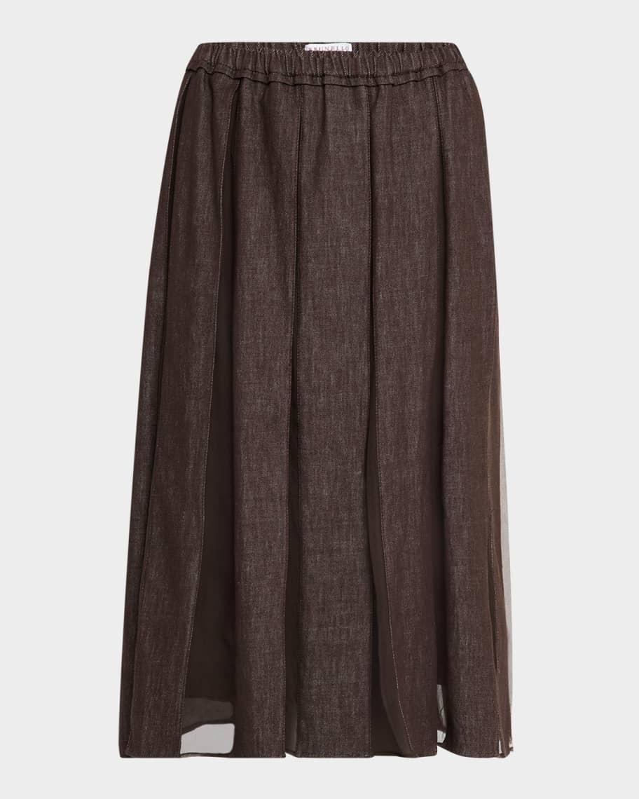 Pleated Denim Midi Skirt with Organza Panels Product Image