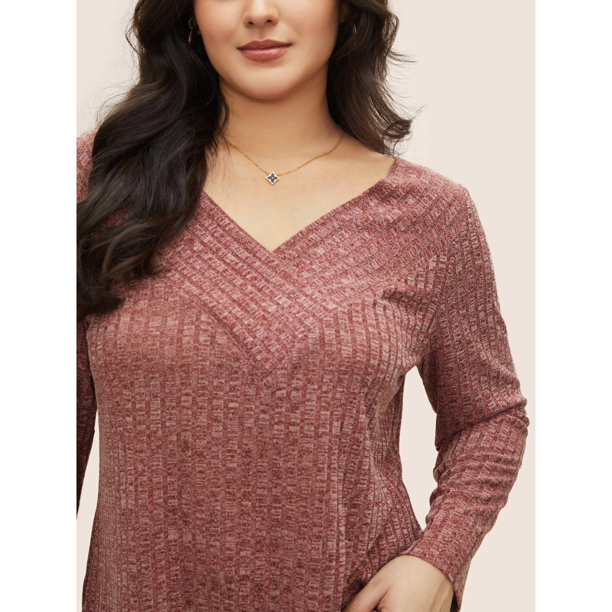Plus Size Heather Plisse Long Sleeve T-shirt Russet Women Elegant Non Colorblock V-neck Everyday T-shirts BloomChic 18-20/2X Product Image
