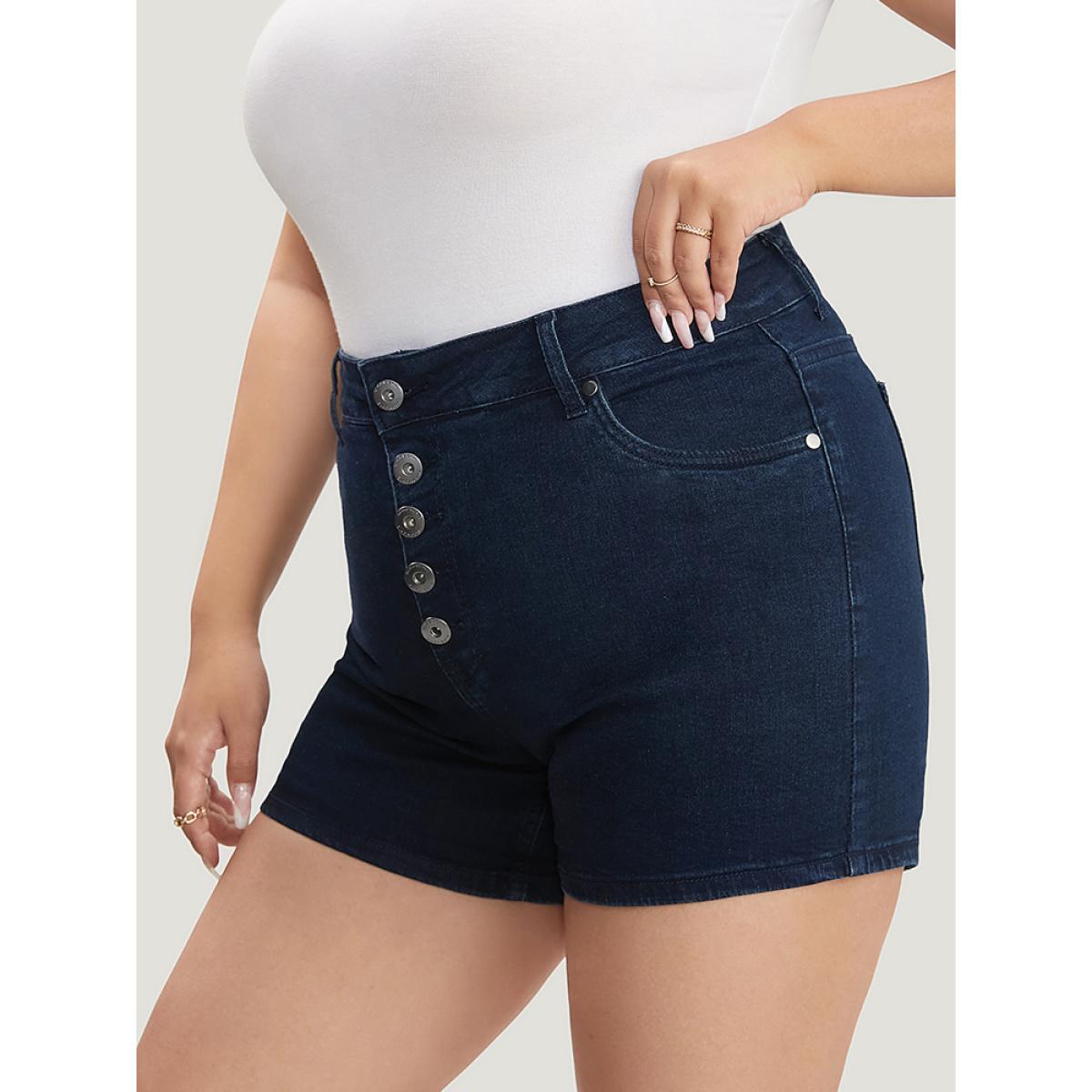 Plus Size Slightly Stretchy High Rise Dark Wash Single Breasted Denim Shorts Women DarkBlue Casual Plain Button Low stretch Pocket Jeans BloomChic 12/L Product Image