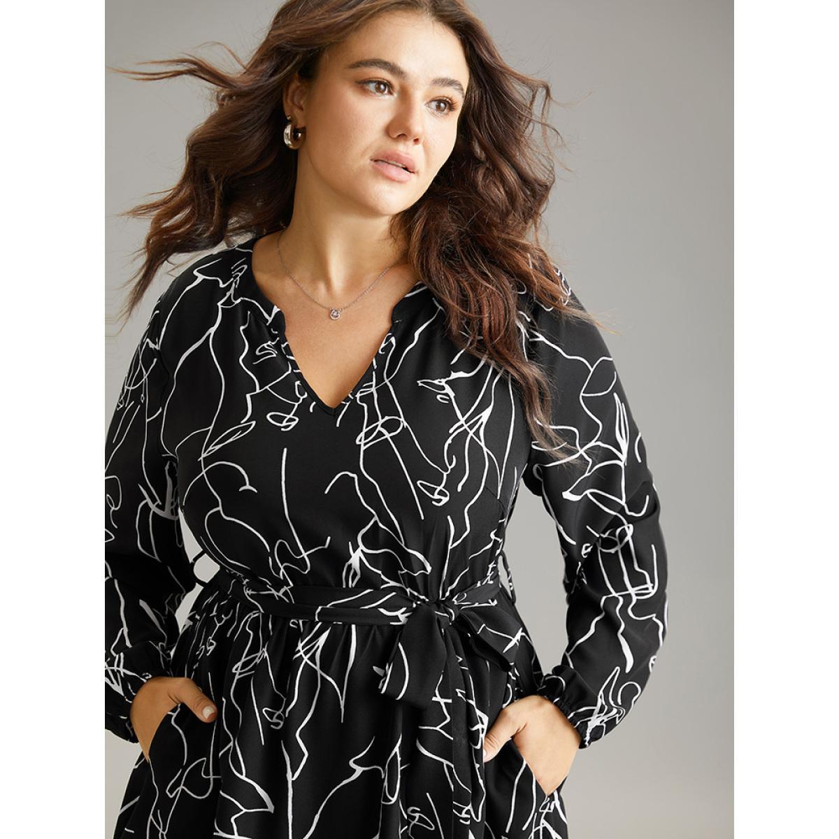 Plus Size Geometric Print Pocket Notched Belted Dress Black Women Elegant Elastic cuffs Notched collar Long Sleeve Curvy Midi Dress BloomChic 30/6X Product Image