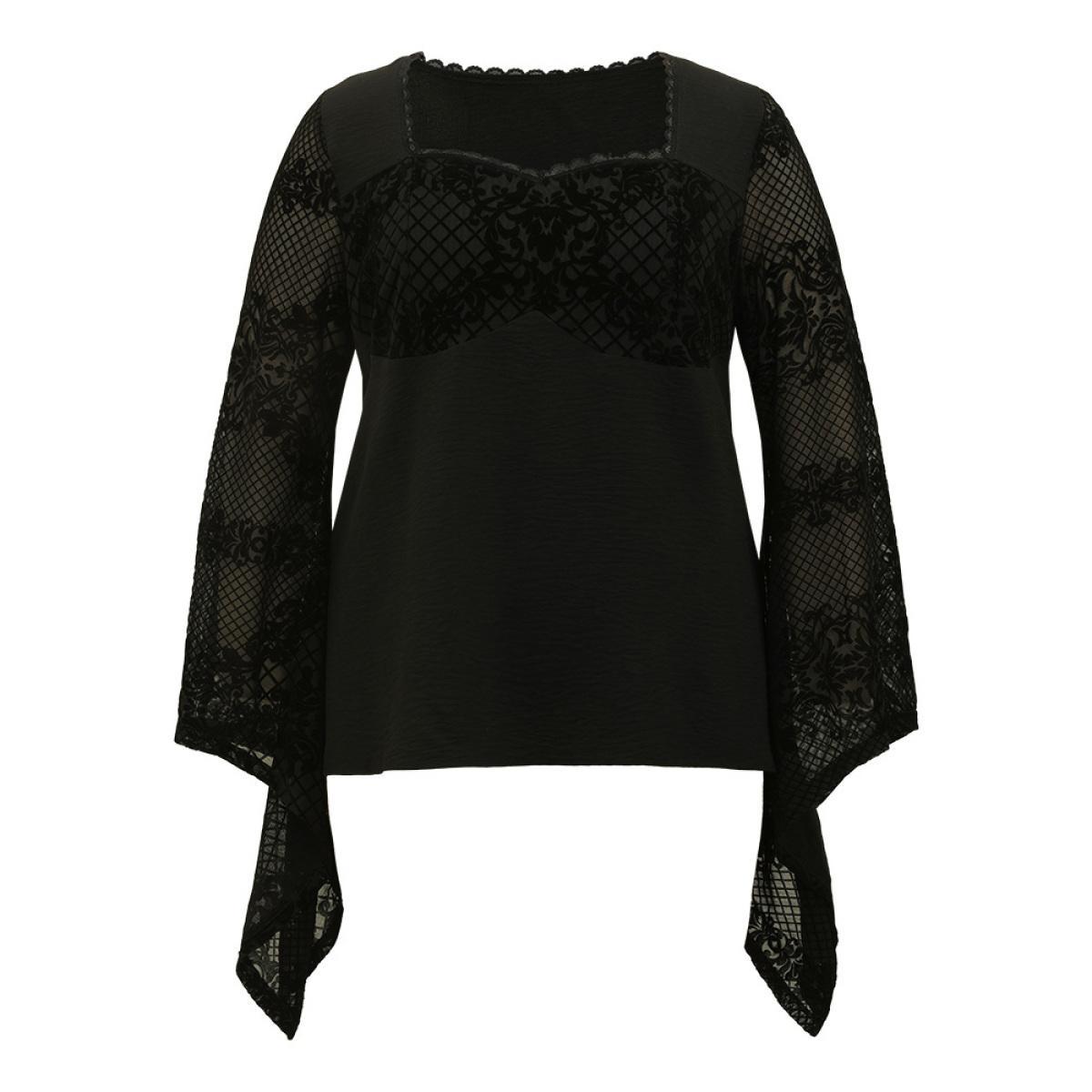 Plus Size Black Halloween Floral Eyelet Lace Mesh Bell Sleeve Blouse Women Elegant Long Sleeve Square Neck Festival-Halloween Blouses BloomChic 28/5X Product Image