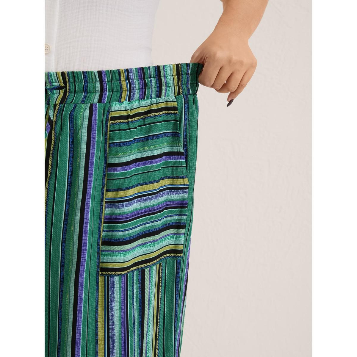 Plus Size Boho Stripes Drawstring Wide-Leg Pants Women Emerald Resort Wide Leg Mid Rise Vacation Pants BloomChic 14-16/1X Product Image