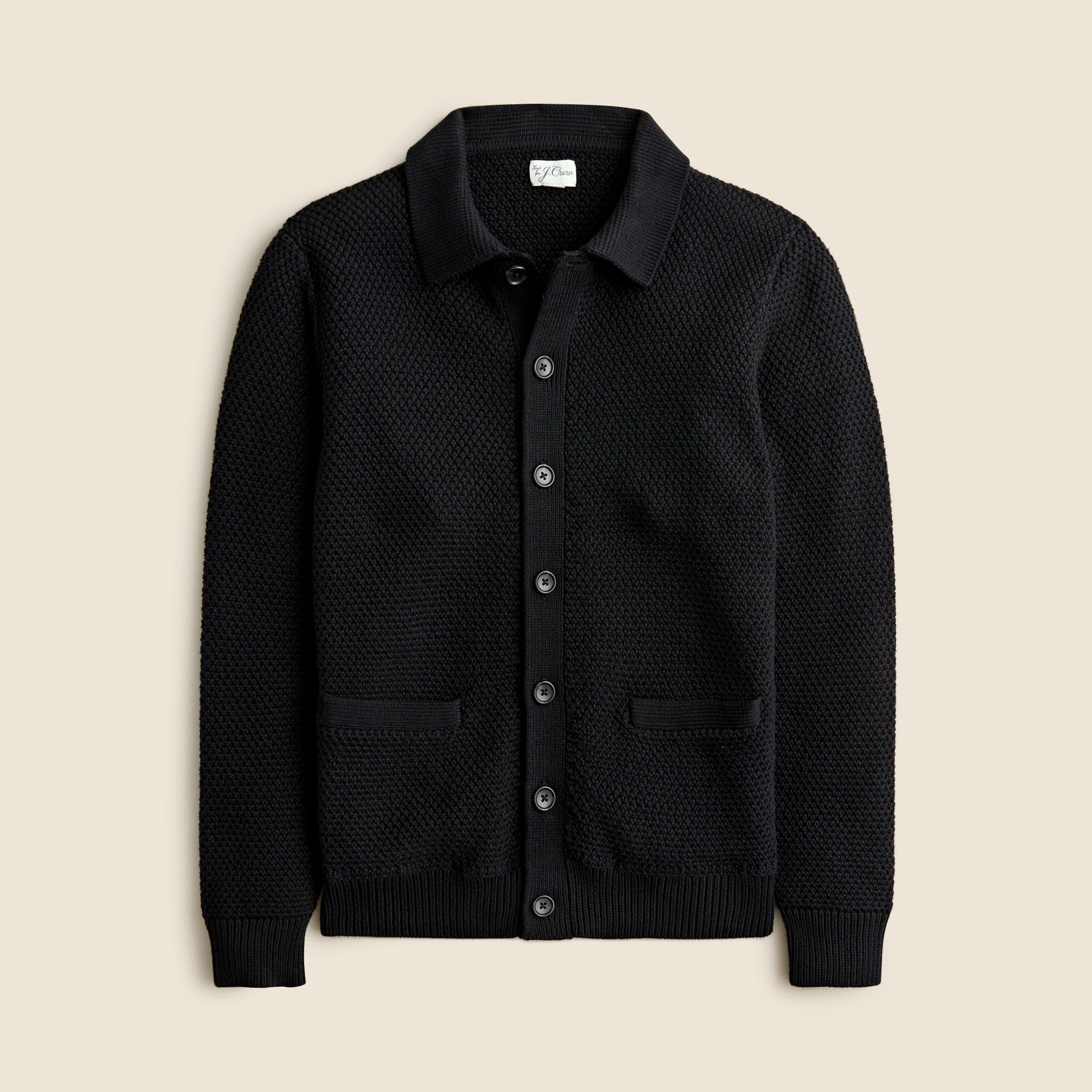 Cotton cardigan sweater-polo in moss stitch Product Image