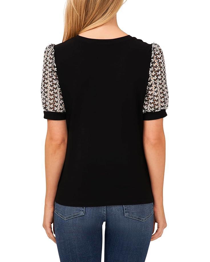 Embroidery Puff Sleeve Mixed Media Knit Top Product Image