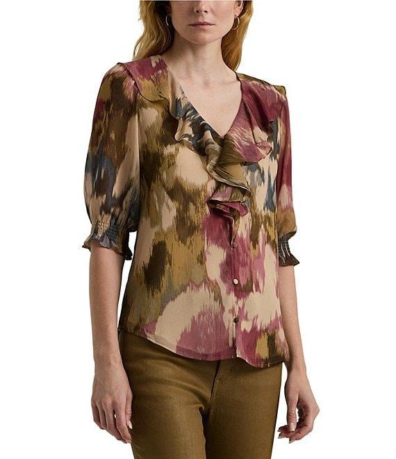 Lauren Ralph Lauren Watercolor Ruffle Trim Smocked Cuff Elbow Sleeve Length Blouse Product Image