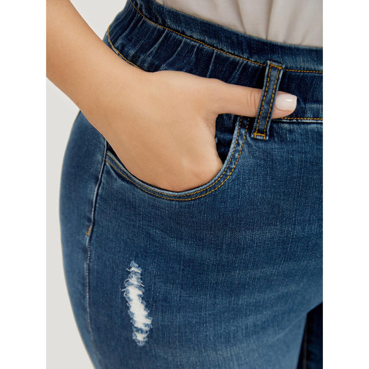Plus Size Very Stretchy High Rise Medium Wash Ripped Jeans Women Indigo Casual Plain High stretch Pocket Jeans BloomChic 26/4X Product Image