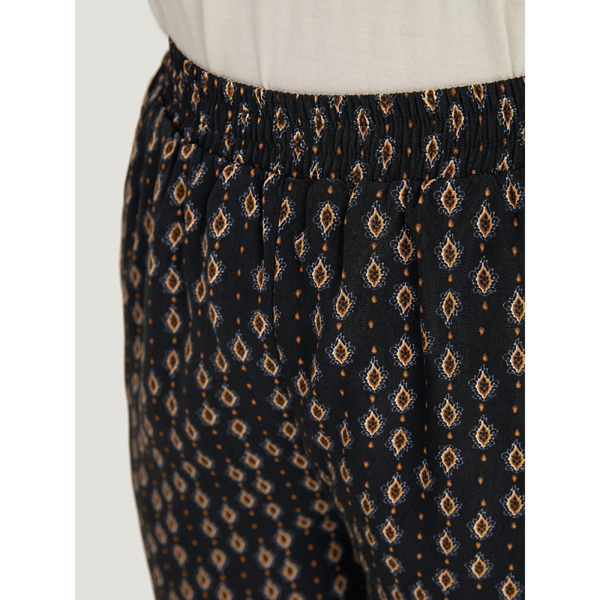 Plus Size Boho Print Pocket Elastic Waist Pants Women Black Casual High Rise Dailywear Pants BloomChic 22-24/3X Product Image