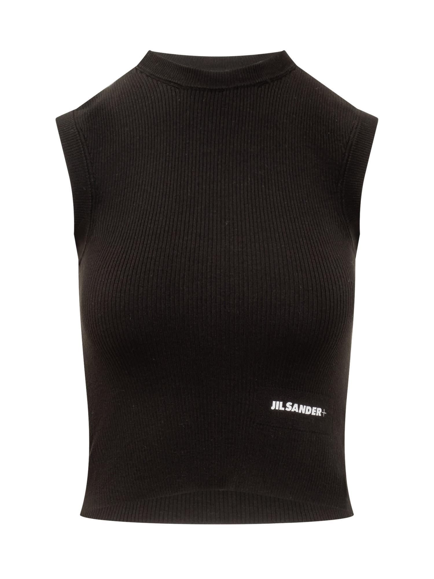 JIL SANDER Womens Black Logo-embroidered V-neck Top Product Image