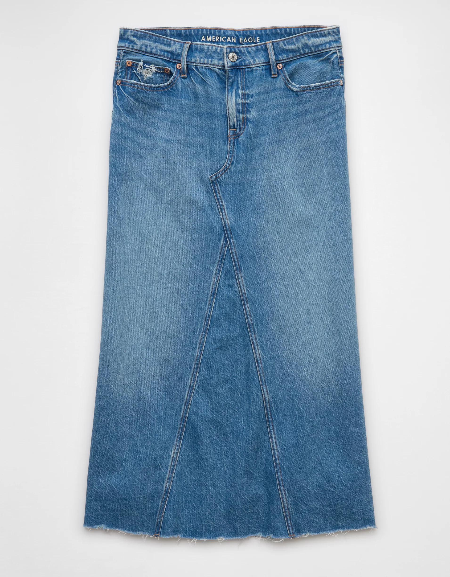 AE Low-Rise A-Line Denim Maxi Skirt Product Image