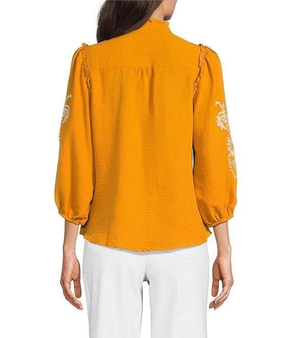 Calessa Petite Size Embroidered Placement Print Ruffle Split V-Neck 3/4 Sleeve Button Front Tunic Product Image