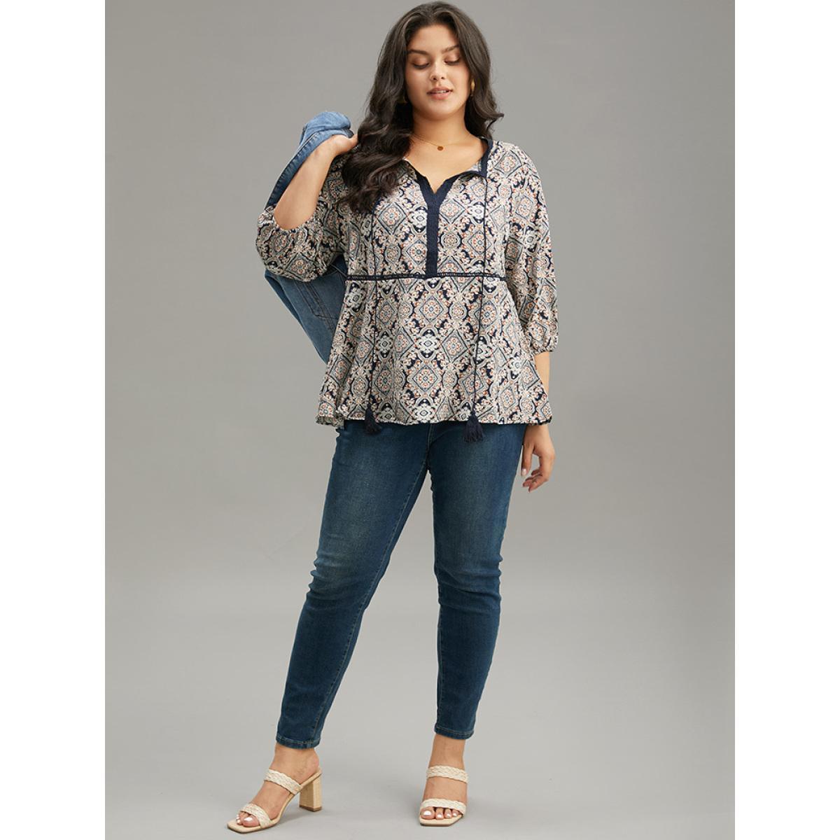 Plus Size Indigo Moroccan Print Tassels Ties Elastic Cuffs Blouse Women Resort Elbow-length sleeve Tie Neck Vacation Blouses BloomChic 12/L Product Image