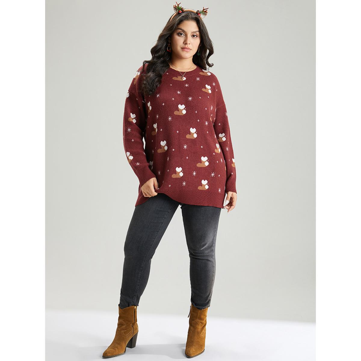 Plus Size Supersoft Essentials Christmas Print Star Round Neck Pullover Scarlet Women Casual Loose Long Sleeve Round Neck Festival-Christmas Pullovers BloomChic 10/M Product Image