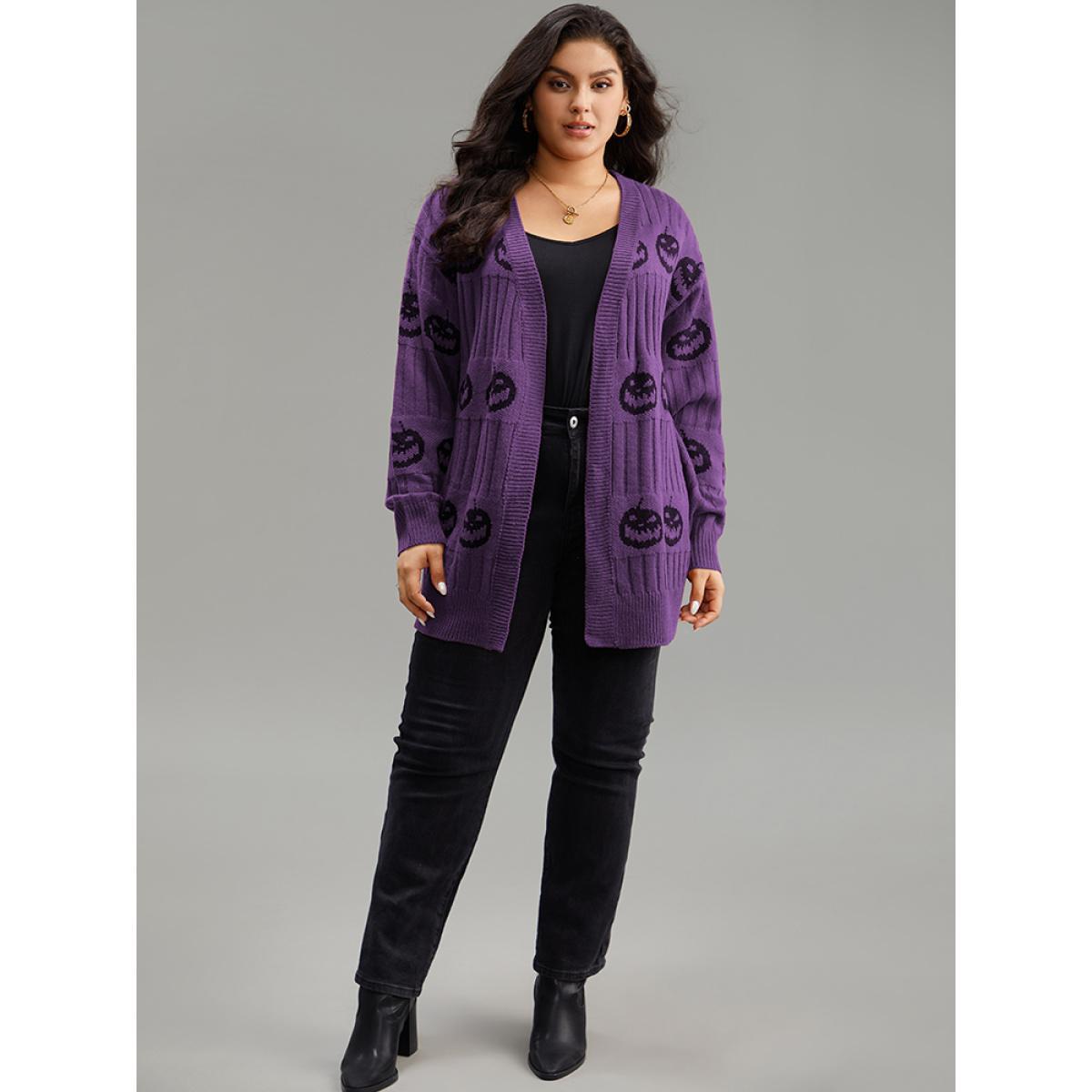 Plus Size Halloween Pumpkin Graphic Open Front Cardigan Purple Women Casual Loose Long Sleeve Festival-Halloween Cardigans BloomChic 22-24/3X Product Image