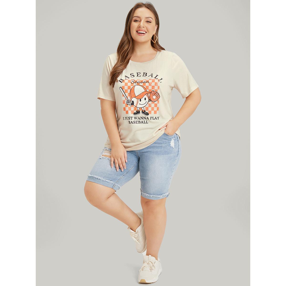 Plus Size Cartoon & Letter Print Crew Neck Graphic T-shirt Apricot Women Casual POP culture Dailywear T-shirts BloomChic 30/6X Product Image