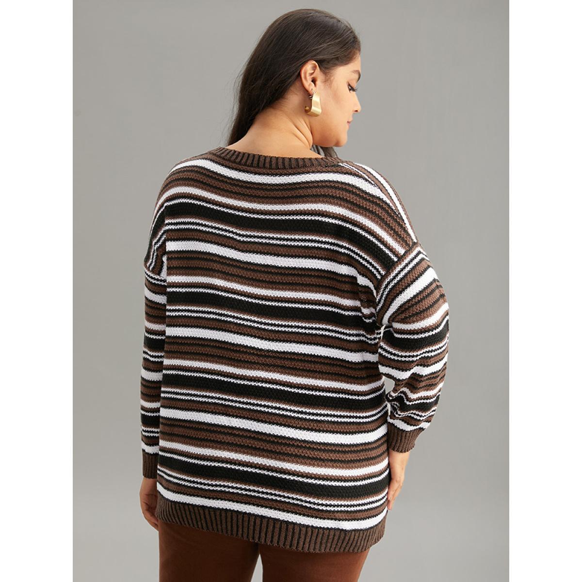 Plus Size Striped Contrast Crew Neck Drop Shoulder Pullover DarkBrown Women Casual Loose Long Sleeve V-neck Everyday Pullovers BloomChic 12/L Product Image