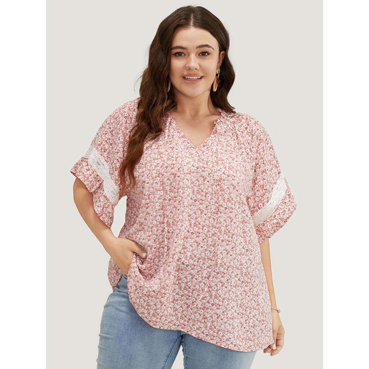 Plus Size Crepe Ditsy Floral Frill Trim Lace Ruffle Sleeve Tie Neck Blouse Women Elegant Short sleeve Tie Neck Dailywear Blouses BloomChic 12/L Product Image