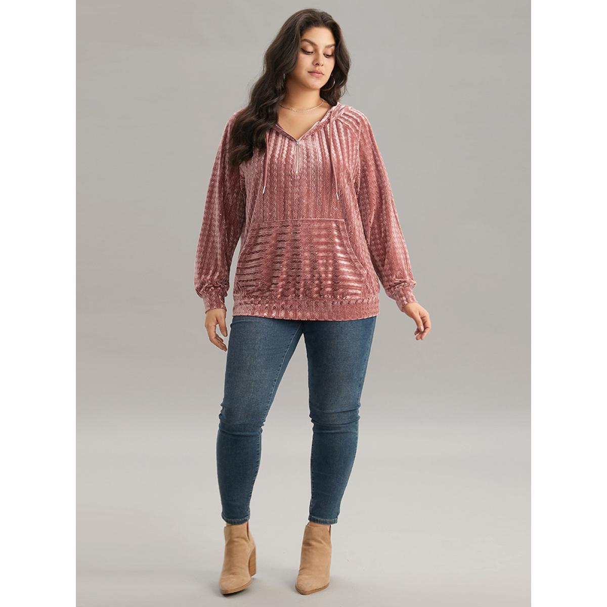 Plus Size Textured Sequin Velvet Half Zip Pocket Sweatshirt Women DustyPink Casual Velvet Hooded Everyday Sweatshirts BloomChic 26/4X Product Image
