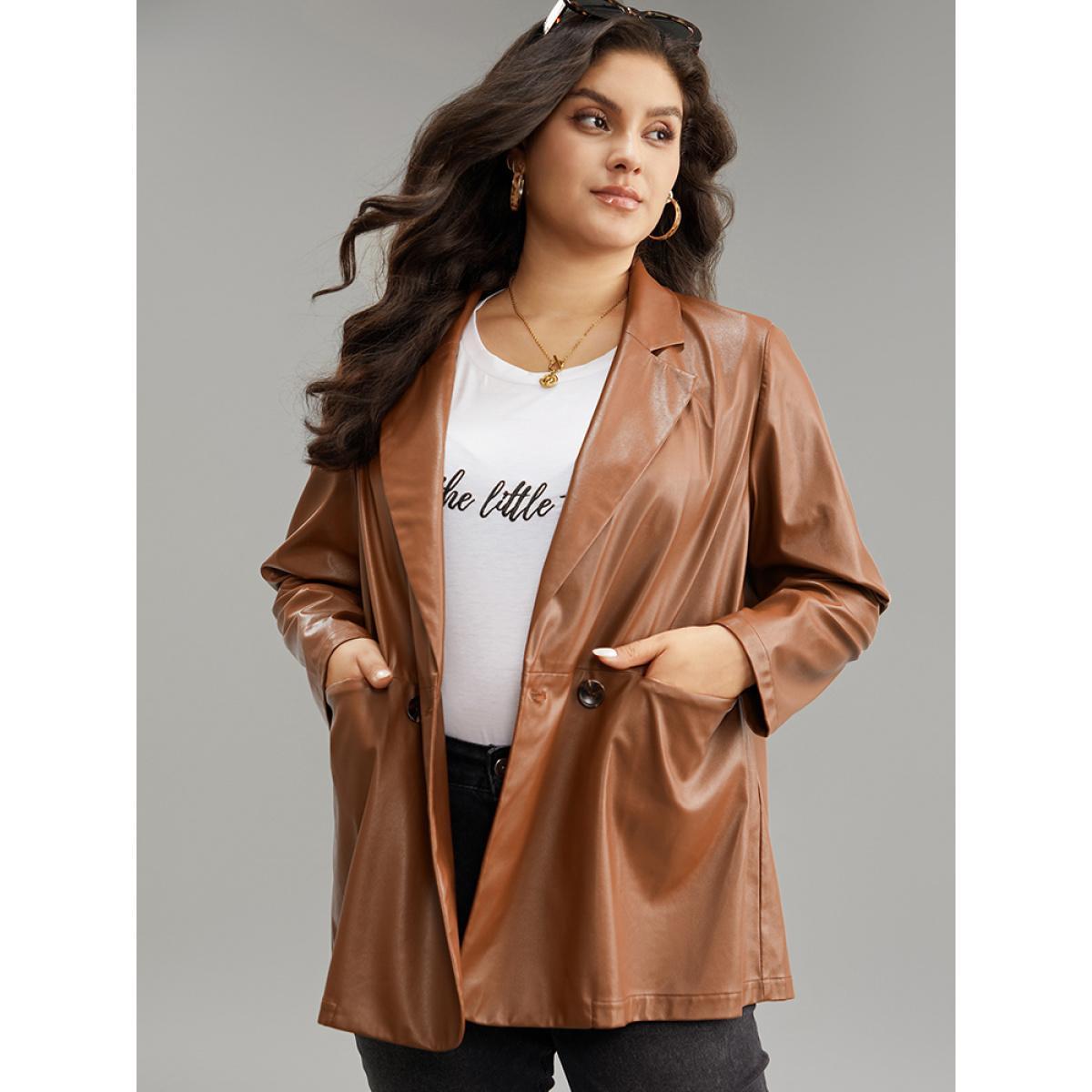 Plus Size Lapel Collar Pocket Button Up Blazer Tan Women Dailywear Plain Plain Sleeve Long Sleeve Lapel Collar 26/4X Pocket Casual Blazers BloomChic Product Image