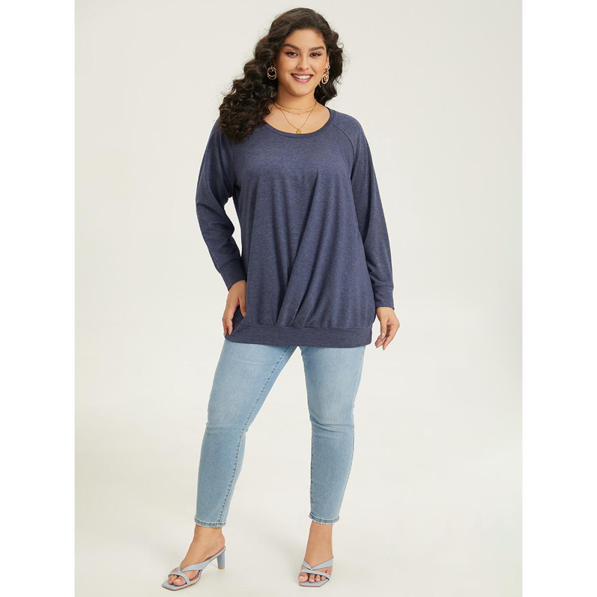 Plus Size Solid Plicated Detail Raglan Sleeve Sweatshirt Women DarkBlue Elegant Elastic cuffs Round Neck Dailywear Sweatshirts BloomChic 30/6X Product Image