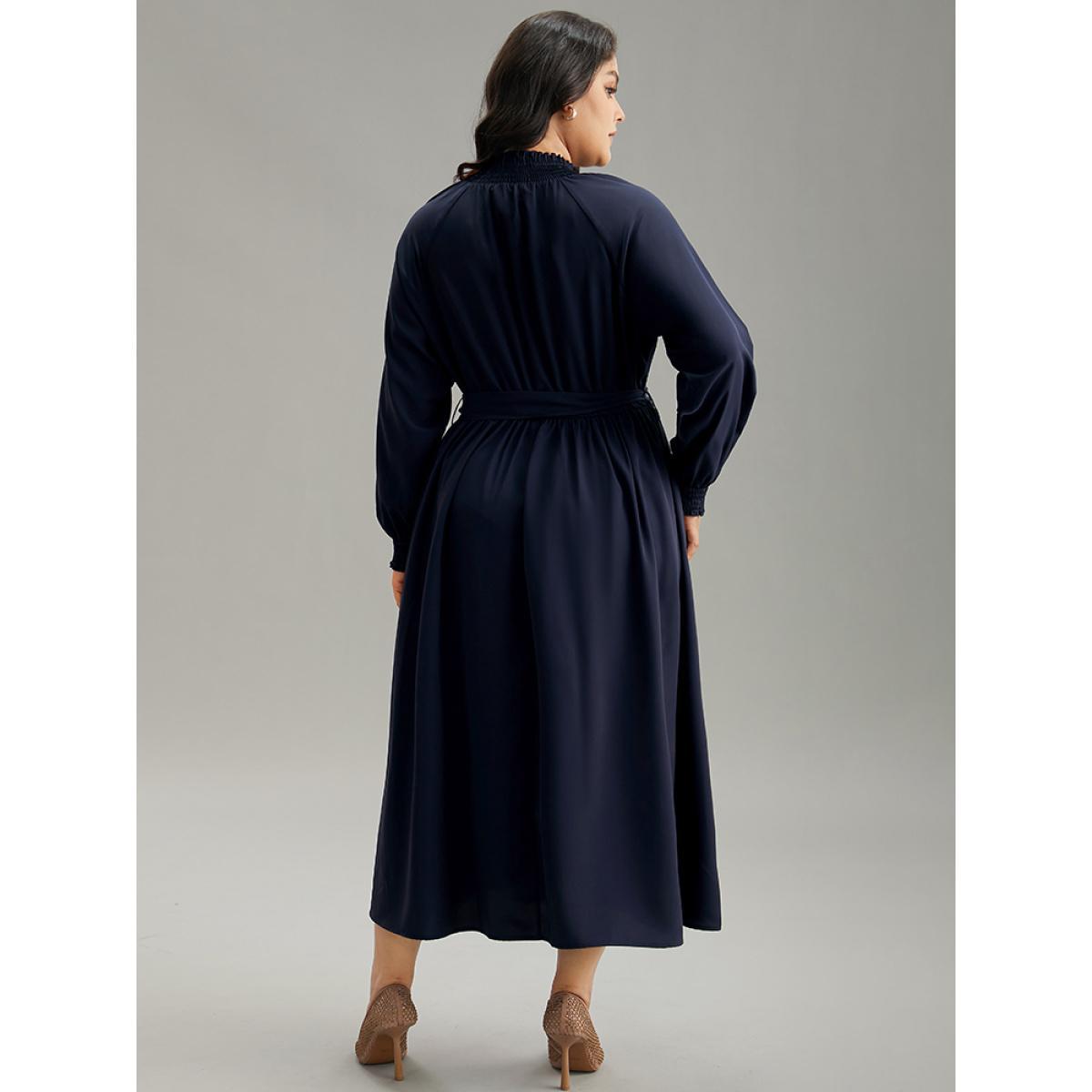 Plus Size Anti-Wrinkle Plain Shirred Mock Neck Belted Dress DarkBlue Women Elegant Elastic cuffs Mock Neck Long Sleeve Curvy Midi Dress BloomChic 18-20/2X Product Image