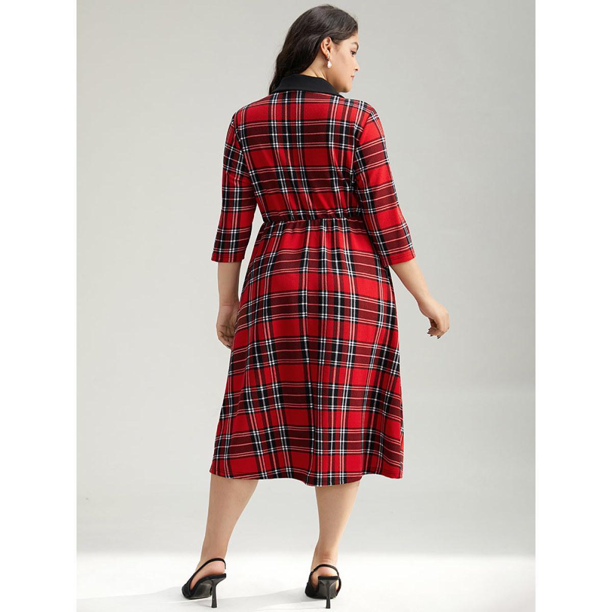 Plus Size Christmas Plaid Suit Collar Elastic Waist Dress Red Women Office Printed Suit Collar Elbow-length sleeve Curvy Midi Dress BloomChic 18-20/2X Product Image