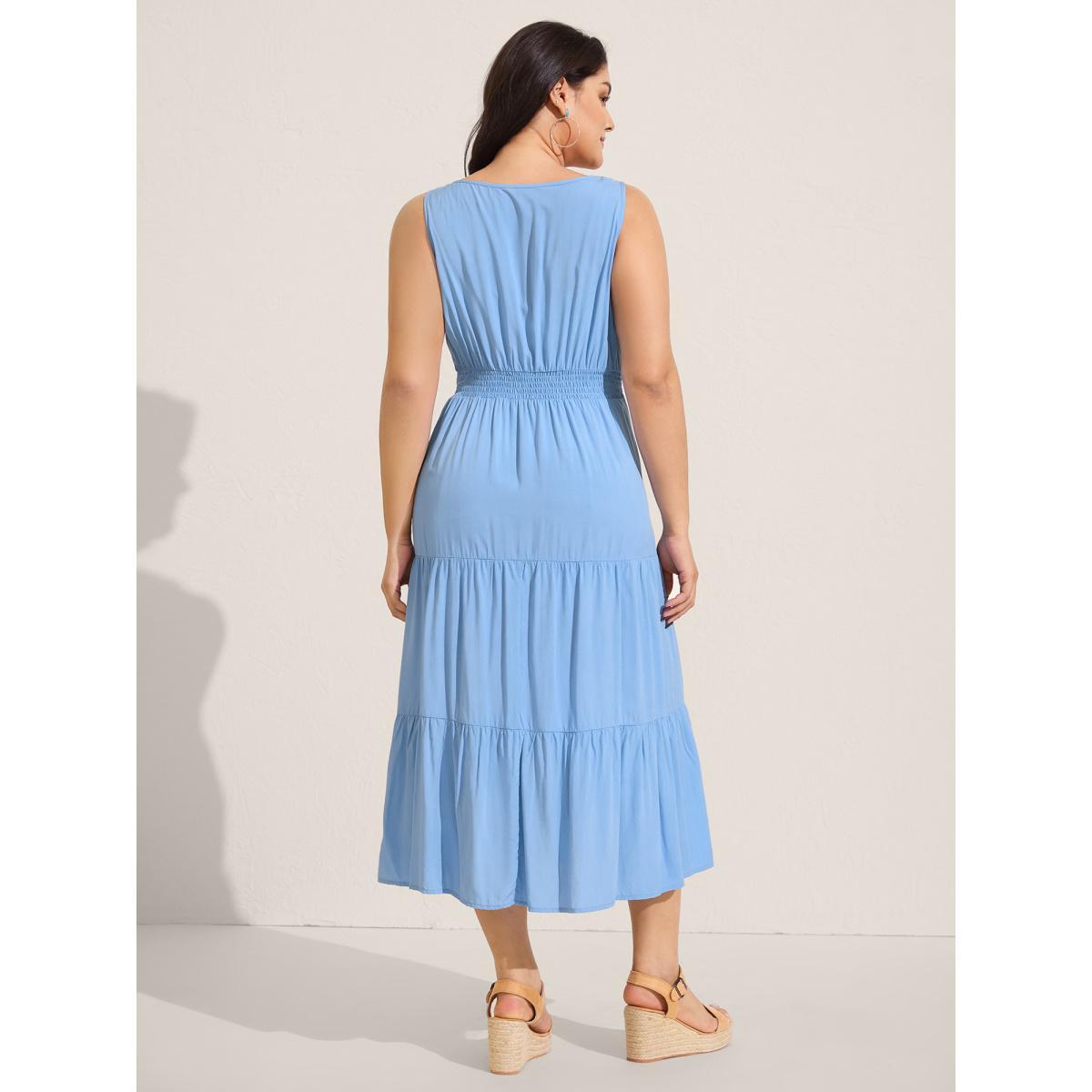 Plus Size Lace Trim Neck Tie Solid Midi Dress LightBlue Women Square Neck Sleeveless Curvy BloomChic 22-24/3X Product Image