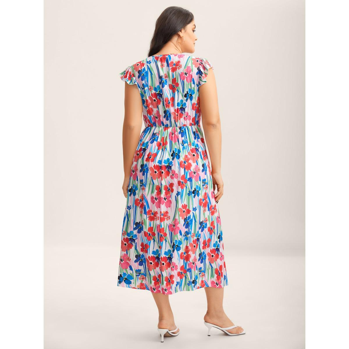 Plus Size Rayon Floral Print Surplice Pockets Midi Dress Multicolor Women Overlap Collar Cap Sleeve Curvy BloomChic 22-24/3X Product Image