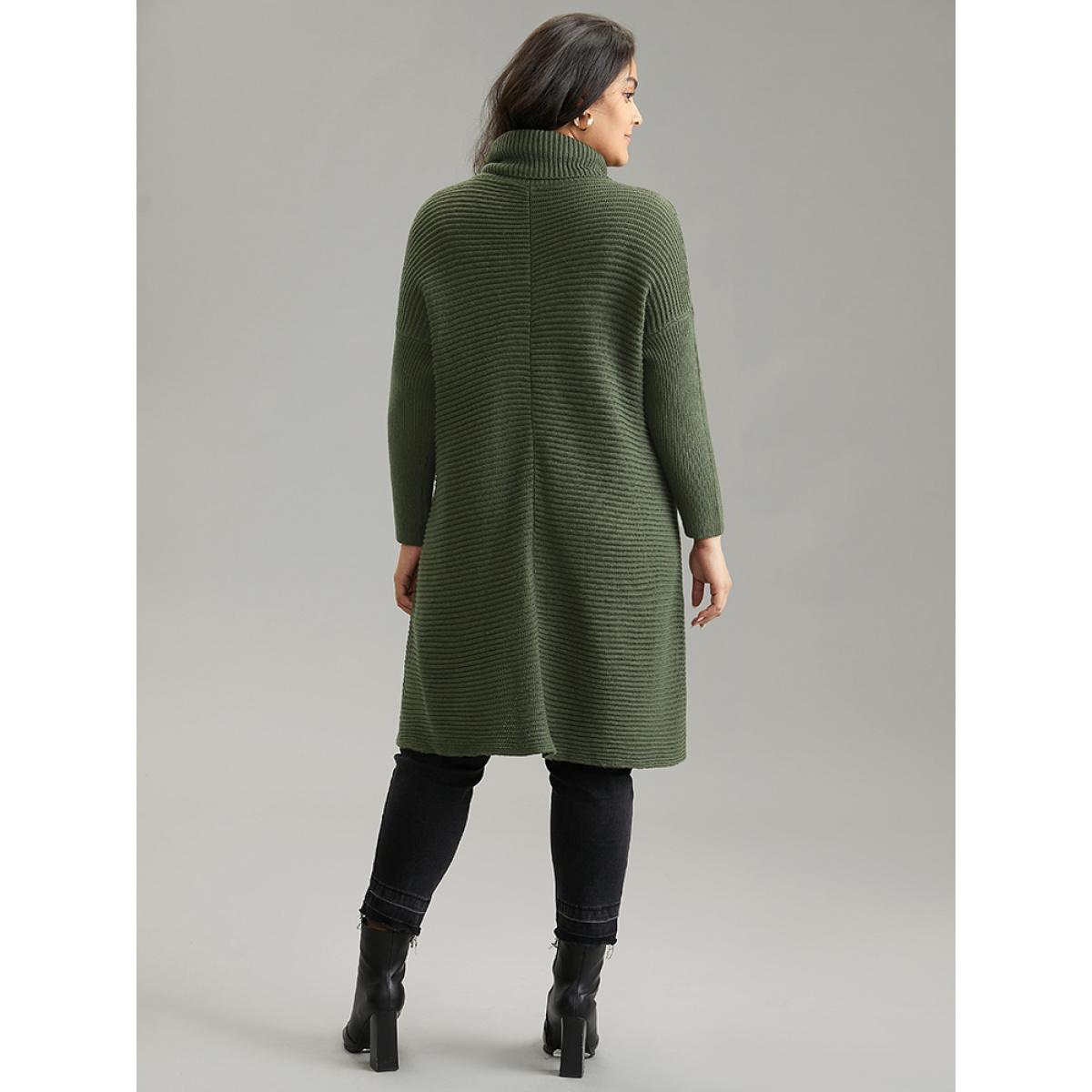 Plus Size Turtle Neck Plain Asymmetrical Hem Drop Shoulder Pullover ArmyGreen Women Casual Loose Long Sleeve Turtleneck Dailywear Pullovers BloomChic 18-20/2X Product Image