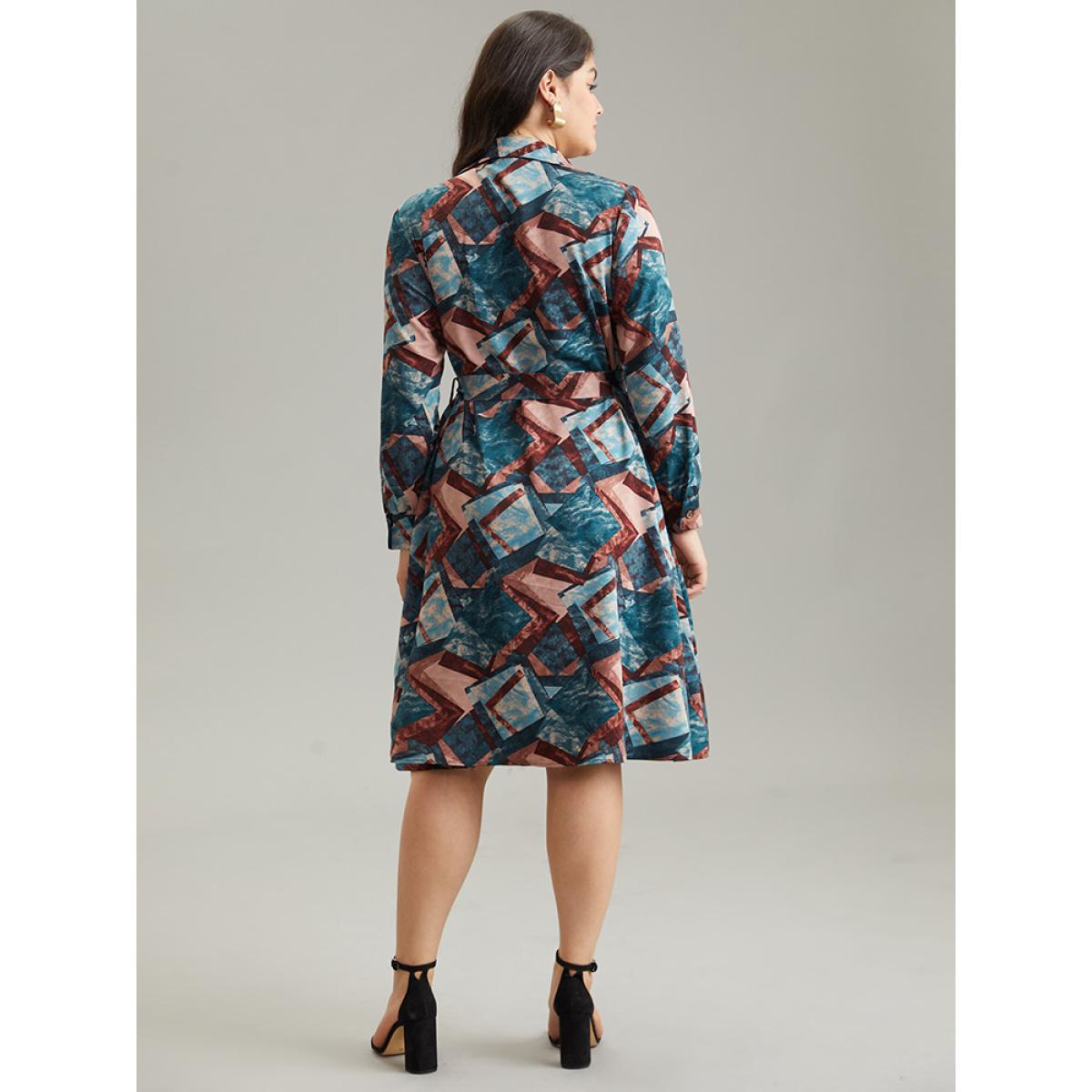 Plus Size Geometric Colorblock Button Through Belted Dress Aegean Women Office Belted Shirt collar Long Sleeve Curvy Midi Dress BloomChic 28/5X Product Image
