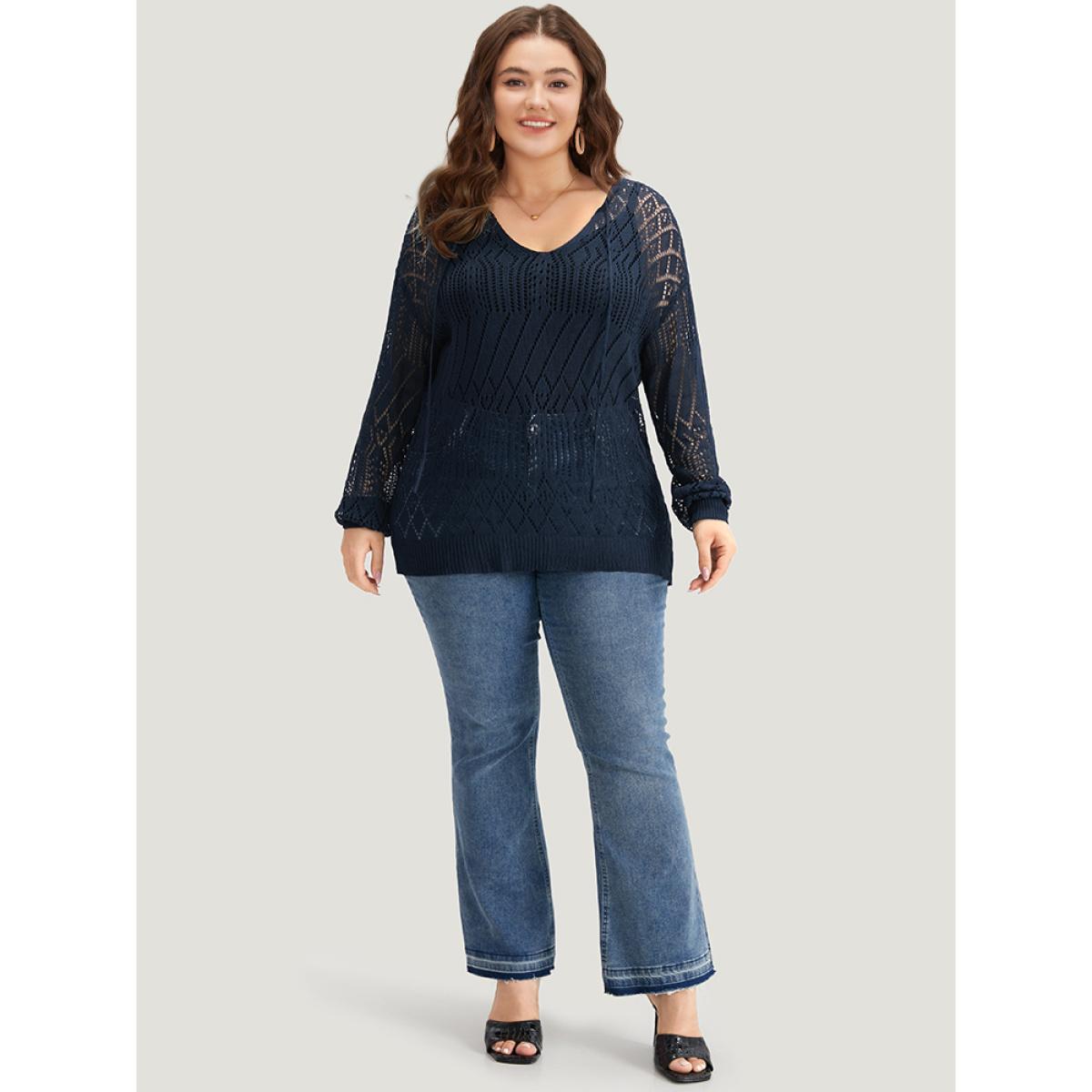 Plus Size Plain Geometric Hollow Out Knot Neck Pullover Indigo Women Casual Long Sleeve V-neck Everyday Pullovers BloomChic 14-16/1X Product Image