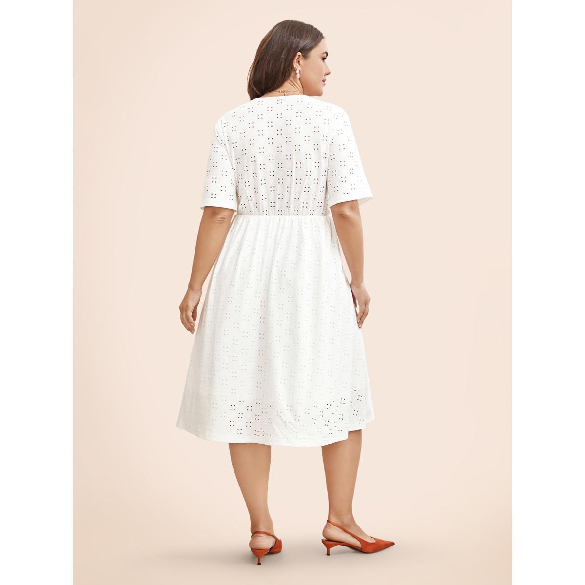 Plus Size Solid Pocket Laser Cut Surplice Neck Knee Dress Ivory Women Elegant Pocket V-neck Short sleeve Curvy Knee Dress BloomChic 14-16/1X Product Image