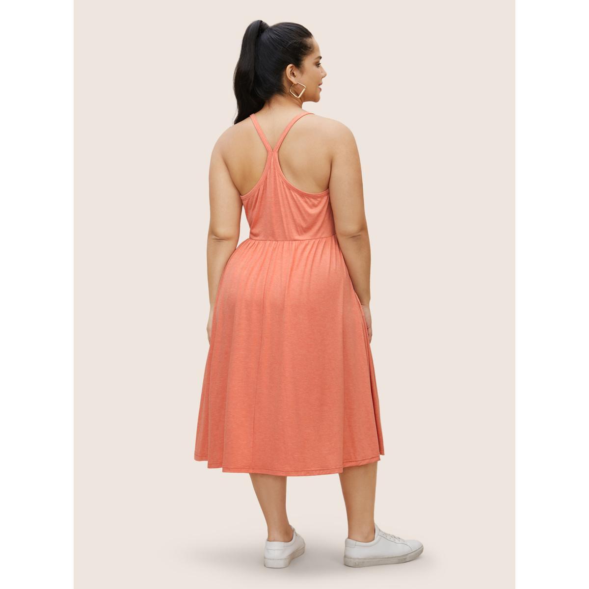 Plus Size Plain Gathered Elastic Waist Midi Cami Dress Coral Women Casual Gathered Non Sleeveless Curvy BloomChic 12/L Product Image