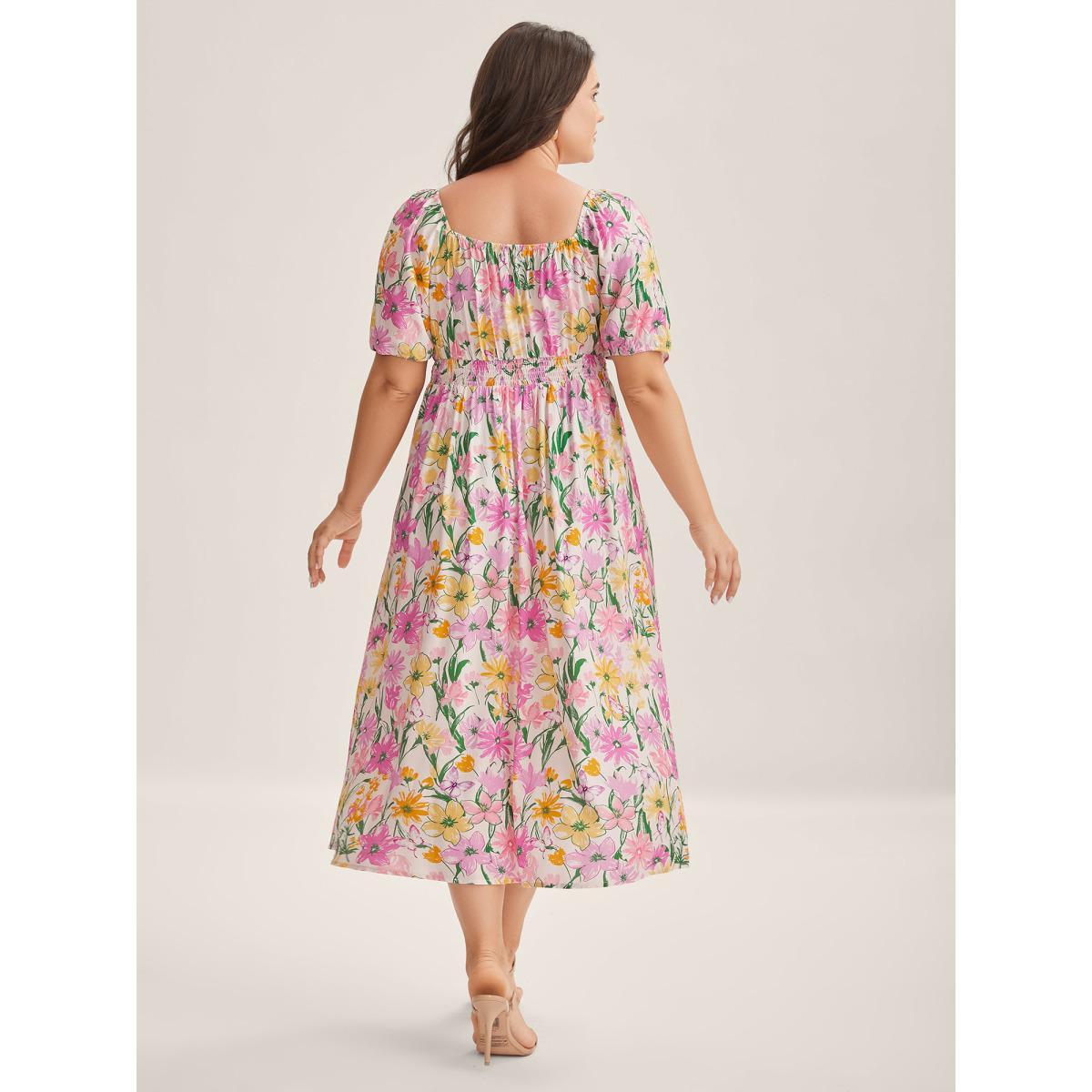 Plus Size Sweet Floral Print Square Neck Midi Dress Lilac Women Square Neck Short sleeve Curvy BloomChic 30/6X Product Image